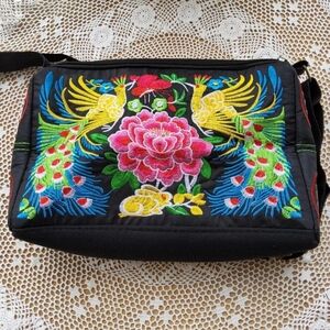 Embossed Crossbody Purse Three Zipper Compartment Peacock and Lotus Flower